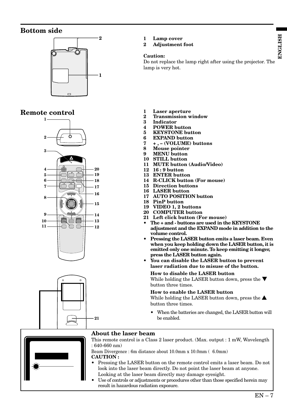 Bottom side, Remote control, En – 7 | About the laser beam | MITSUBISHI ELECTRIC XL2U User Manual | Page 7 / 28