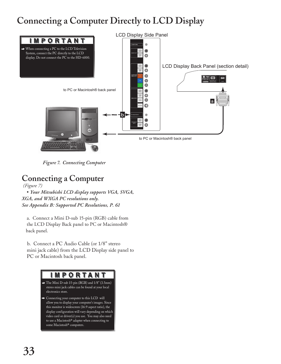 Connecting a computer directly to lcd display, Connecting a computer | MITSUBISHI ELECTRIC LT-4260 User Manual | Page 34 / 76