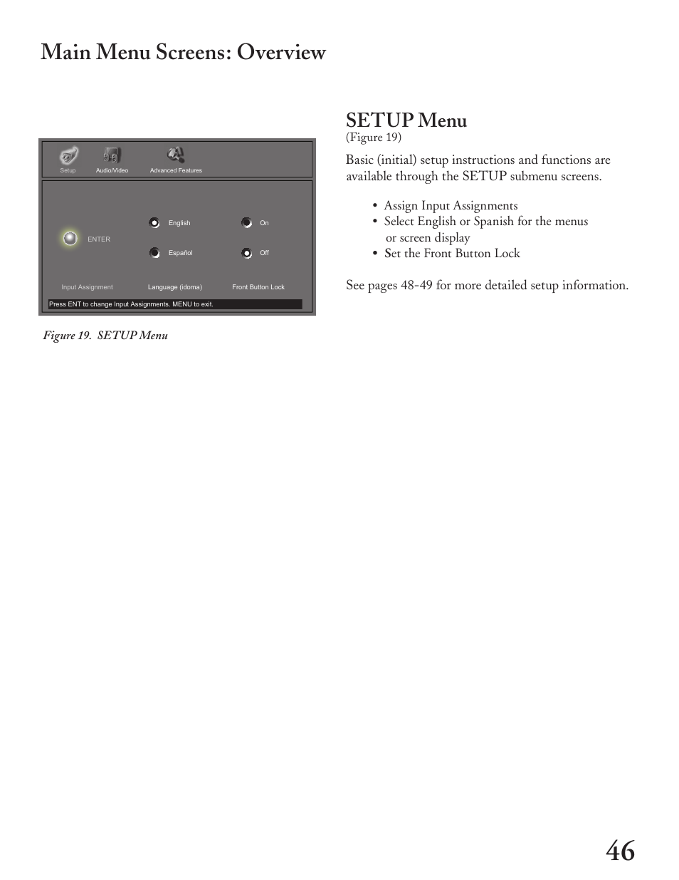 Main menu screens: overview, Setup menu | MITSUBISHI ELECTRIC LT-4260 User Manual | Page 47 / 76