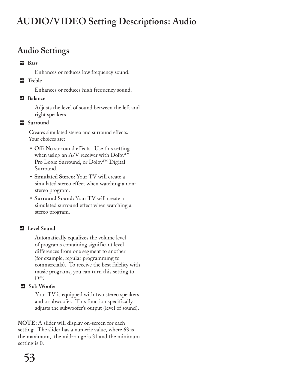 Audio/video setting descriptions: audio, Audio settings | MITSUBISHI ELECTRIC LT-4260 User Manual | Page 54 / 76