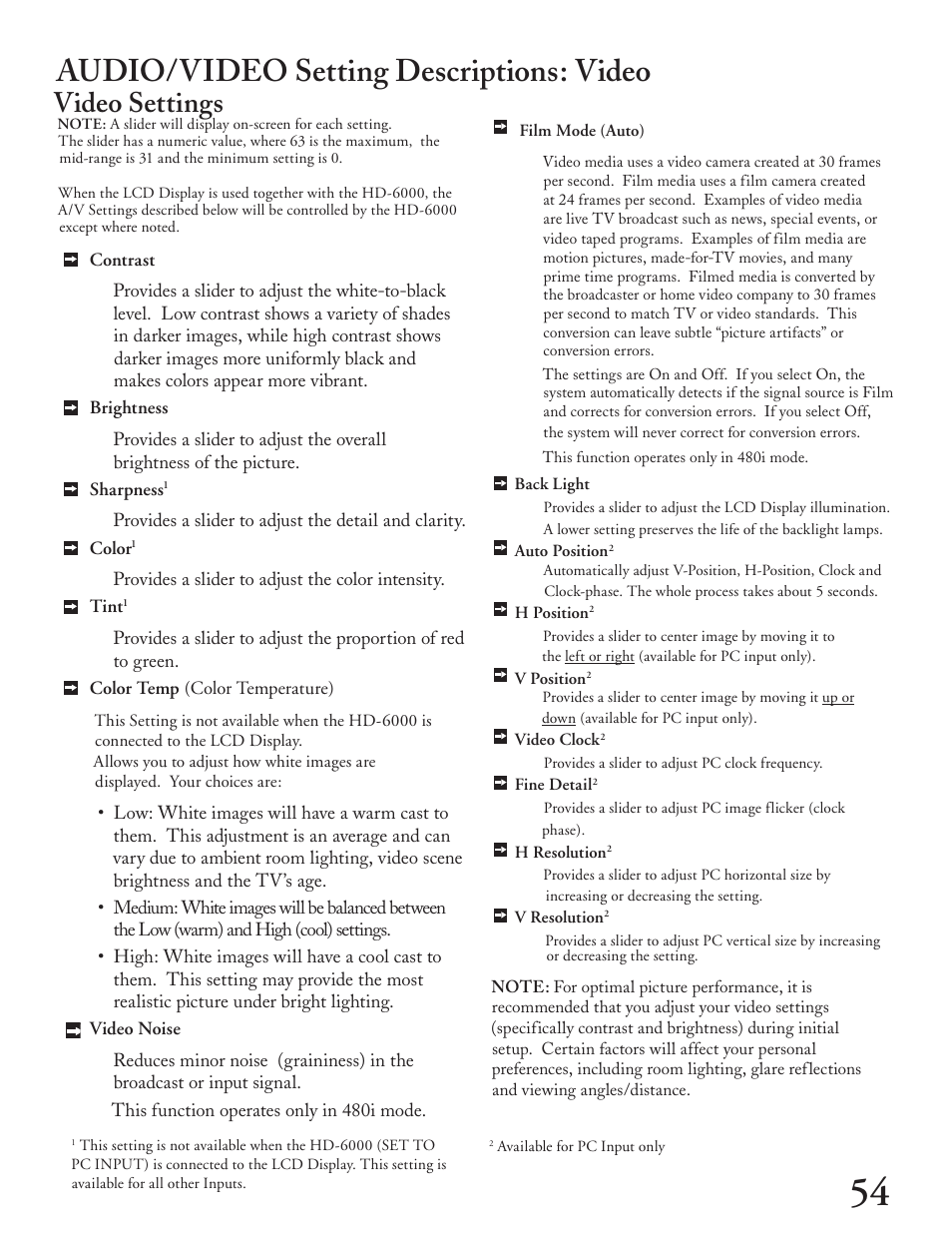 Audio/video setting descriptions: video, Video settings | MITSUBISHI ELECTRIC LT-4260 User Manual | Page 55 / 76