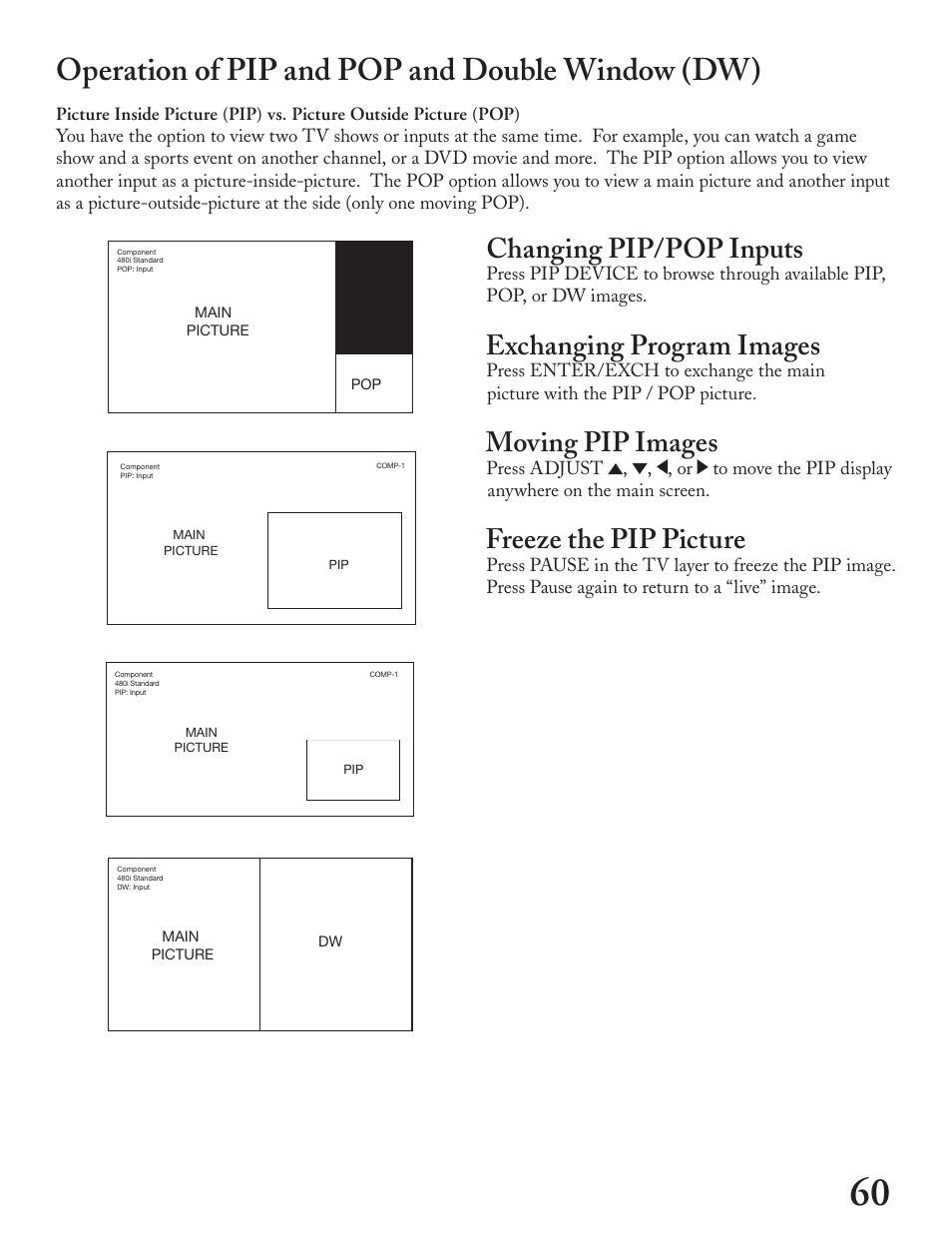 Operation of pip and pop and double window (dw), Changing pip/pop inputs, Exchanging program images | Moving pip images, Freeze the pip picture | MITSUBISHI ELECTRIC LT-4260 User Manual | Page 61 / 76