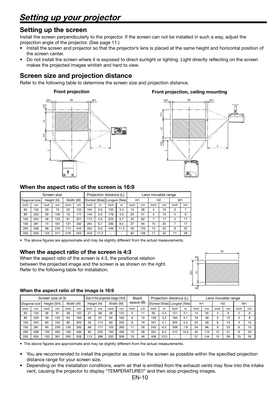 Setting up your projector, Setting up the screen, Screen size and projection distance | En-10, When the aspect ratio of the screen is 16:9, When the aspect ratio of the screen is 4:3 | MITSUBISHI ELECTRIC Mitsubishi LCD Projector FL7000U User Manual | Page 10 / 48