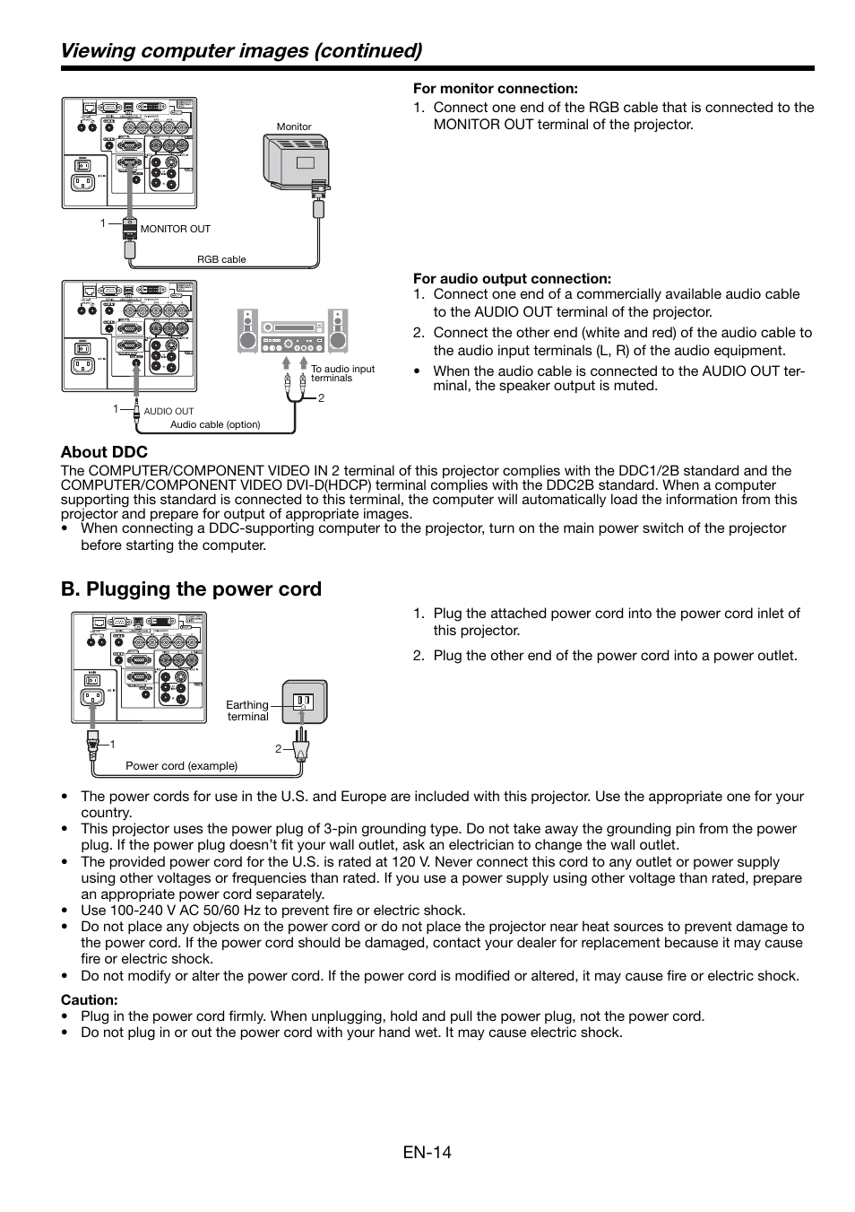 Viewing computer images (continued), B. plugging the power cord, En-14 | MITSUBISHI ELECTRIC Mitsubishi LCD Projector FL7000U User Manual | Page 14 / 48