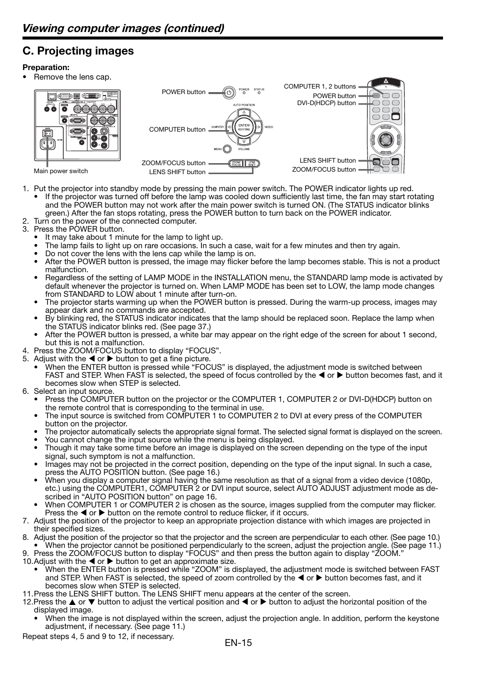 Viewing computer images (continued), C. projecting images, En-15 | MITSUBISHI ELECTRIC Mitsubishi LCD Projector FL7000U User Manual | Page 15 / 48