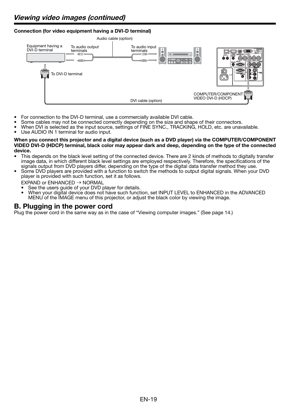 Viewing video images (continued), B. plugging in the power cord, En-19 | MITSUBISHI ELECTRIC Mitsubishi LCD Projector FL7000U User Manual | Page 19 / 48