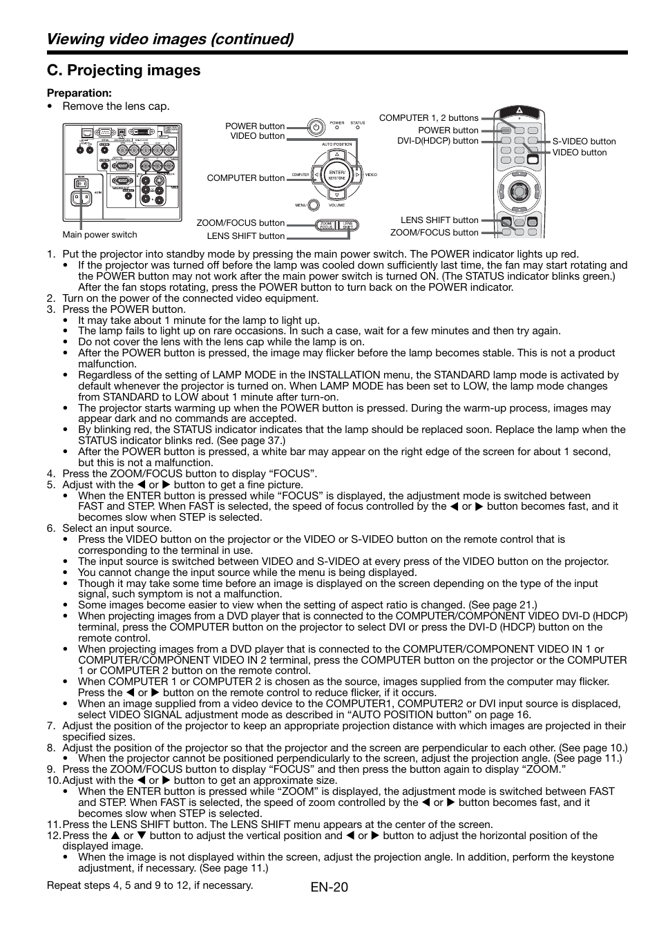 Viewing video images (continued), C. projecting images, En-20 | MITSUBISHI ELECTRIC Mitsubishi LCD Projector FL7000U User Manual | Page 20 / 48