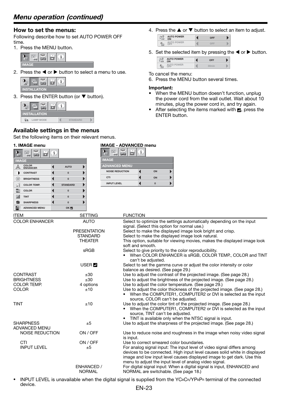 Menu operation (continued), En-23 available settings in the menus, How to set the menus | Set the following items on their relevant menus, Terminal of the connected device | MITSUBISHI ELECTRIC Mitsubishi LCD Projector FL7000U User Manual | Page 23 / 48