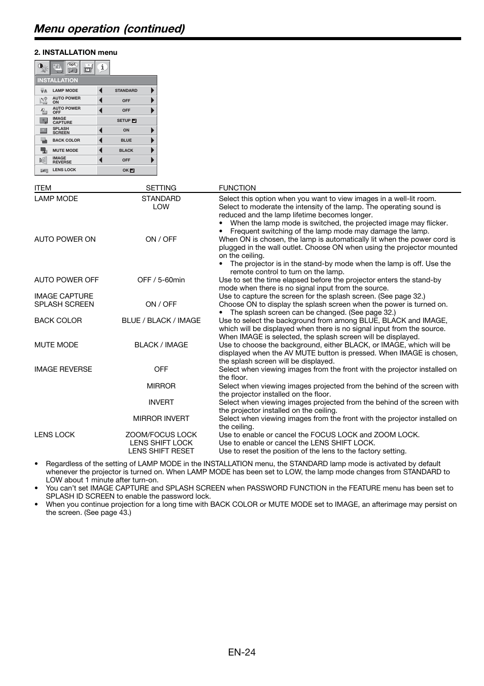 Menu operation (continued), En-24 | MITSUBISHI ELECTRIC Mitsubishi LCD Projector FL7000U User Manual | Page 24 / 48