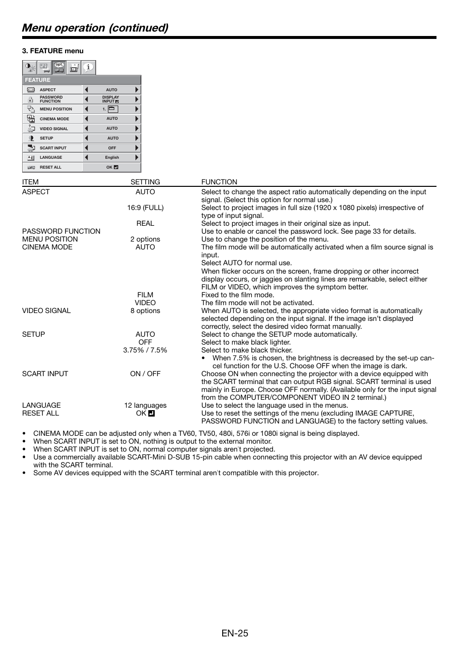 Menu operation (continued), En-25 | MITSUBISHI ELECTRIC Mitsubishi LCD Projector FL7000U User Manual | Page 25 / 48