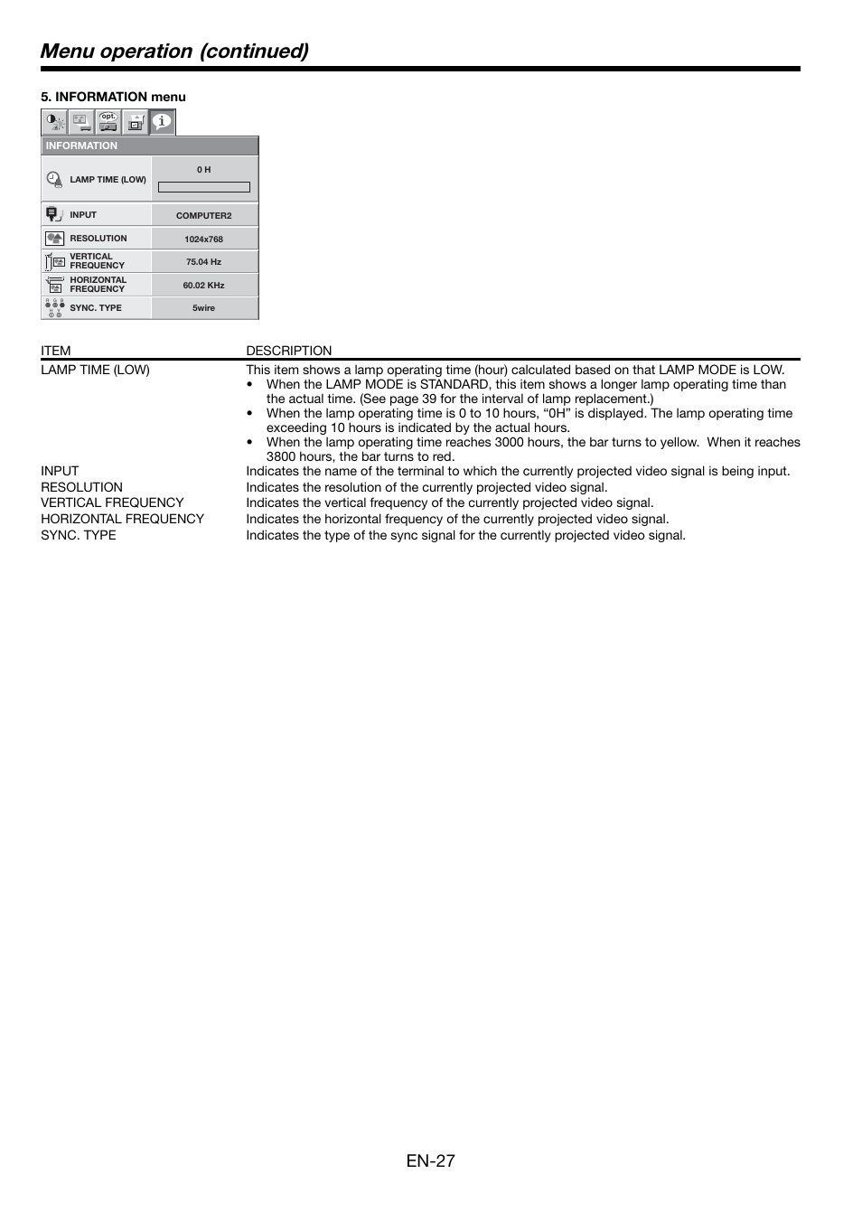 Menu operation (continued), En-27 | MITSUBISHI ELECTRIC Mitsubishi LCD Projector FL7000U User Manual | Page 27 / 48