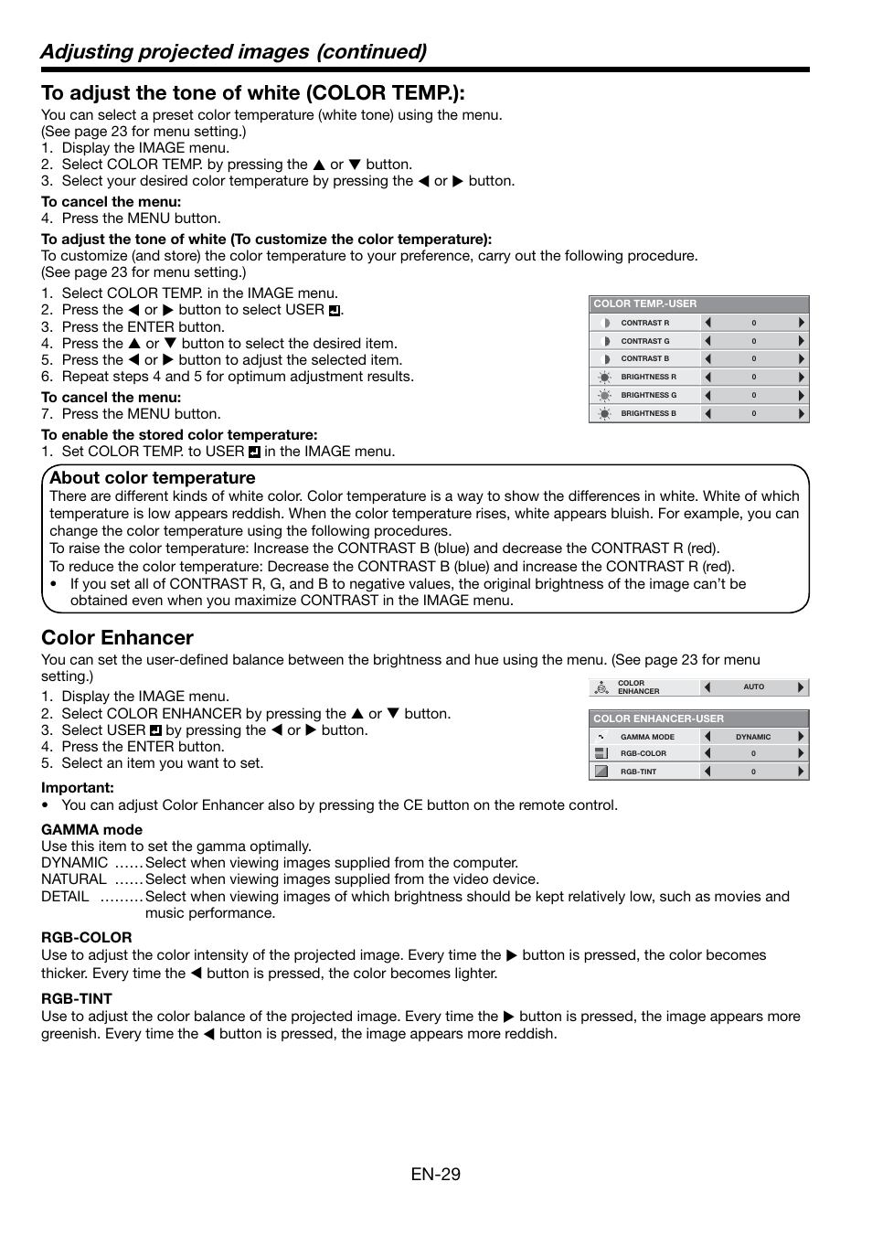 Adjusting projected images (continued), Color enhancer, En-29 | About color temperature | MITSUBISHI ELECTRIC Mitsubishi LCD Projector FL7000U User Manual | Page 29 / 48