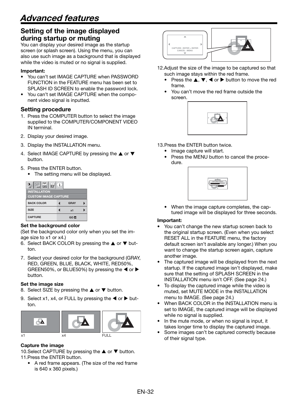 Advanced features, En-32, Setting procedure | MITSUBISHI ELECTRIC Mitsubishi LCD Projector FL7000U User Manual | Page 32 / 48