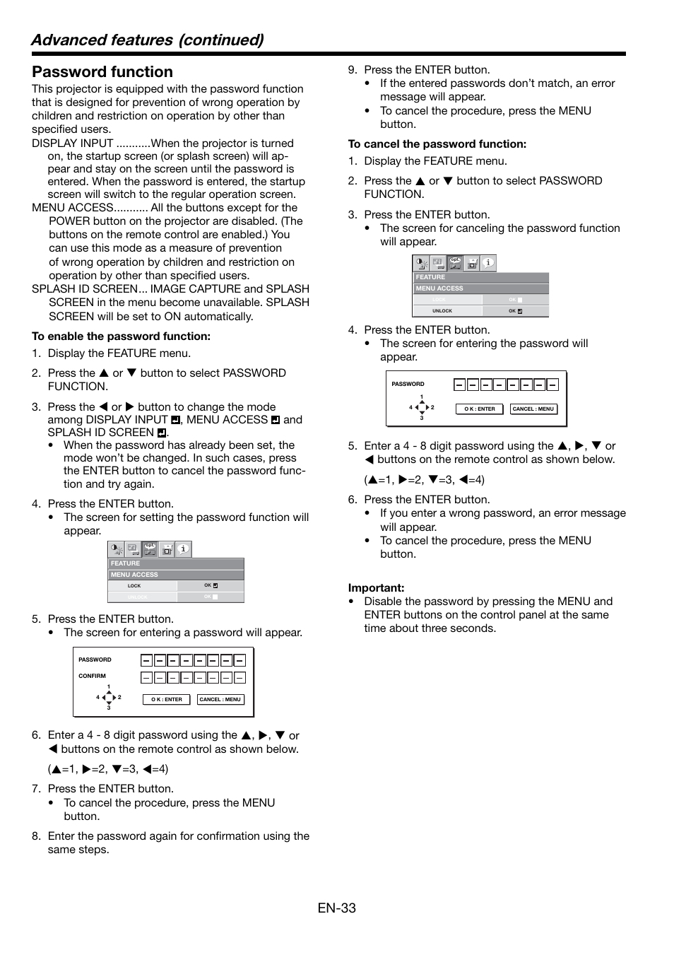 Advanced features (continued), Password function, En-33 | MITSUBISHI ELECTRIC Mitsubishi LCD Projector FL7000U User Manual | Page 33 / 48