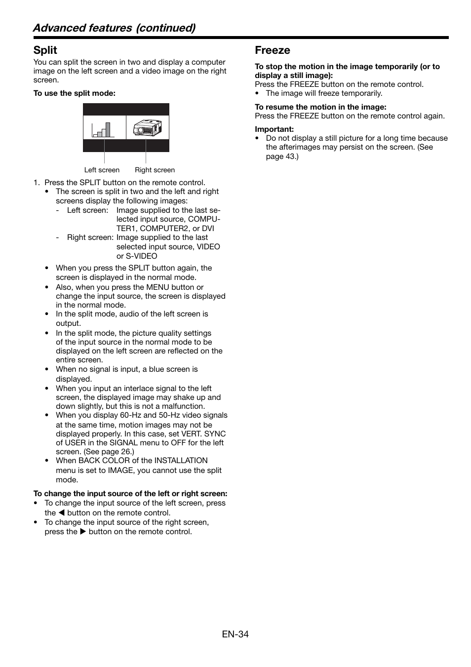 Advanced features (continued), Split, Freeze | MITSUBISHI ELECTRIC Mitsubishi LCD Projector FL7000U User Manual | Page 34 / 48