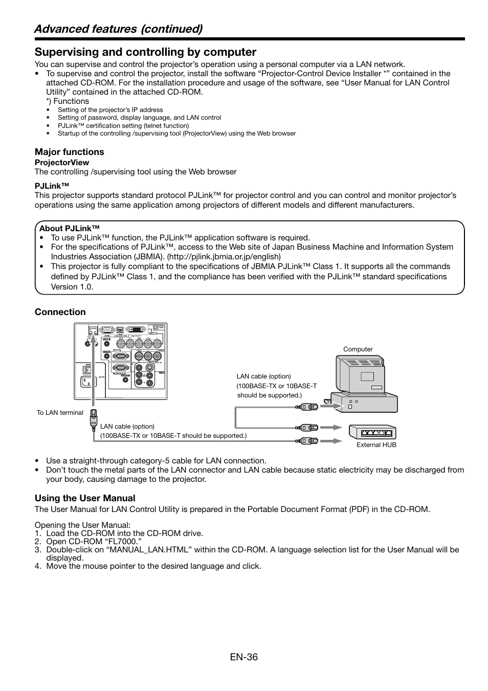 Advanced features (continued), Supervising and controlling by computer, En-36 | MITSUBISHI ELECTRIC Mitsubishi LCD Projector FL7000U User Manual | Page 36 / 48