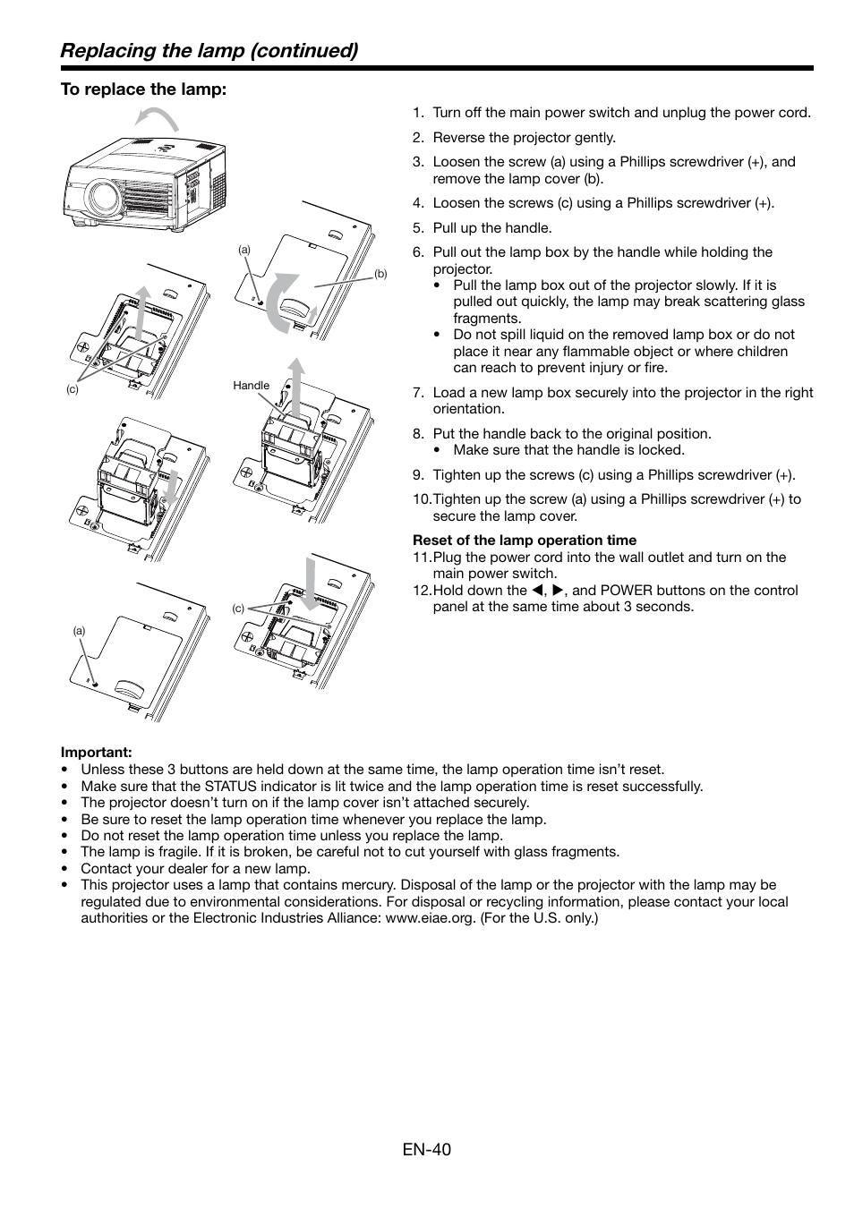 Replacing the lamp (continued) | MITSUBISHI ELECTRIC Mitsubishi LCD Projector FL7000U User Manual | Page 40 / 48