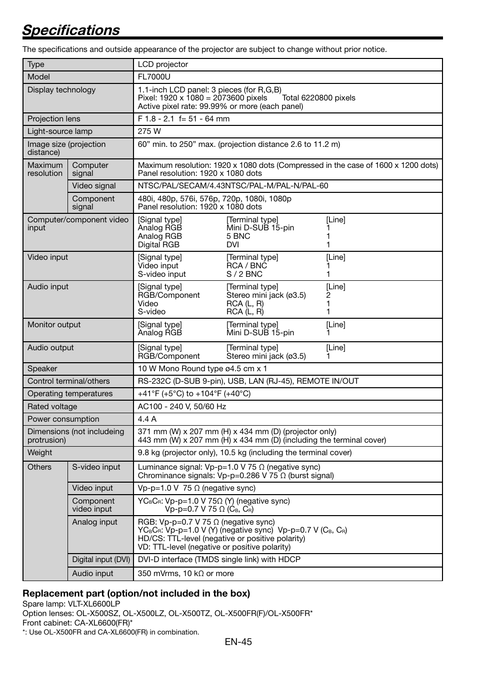 Specifi cations | MITSUBISHI ELECTRIC Mitsubishi LCD Projector FL7000U User Manual | Page 45 / 48