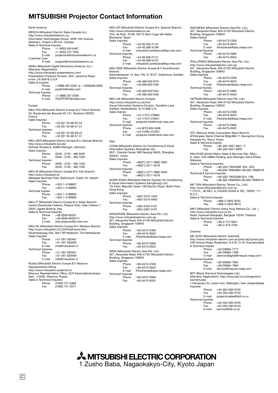 Mitsubishi electric corporation | MITSUBISHI ELECTRIC Mitsubishi LCD Projector FL7000U User Manual | Page 48 / 48