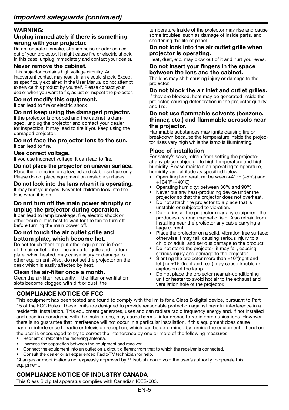 Important safeguards (continued) | MITSUBISHI ELECTRIC Mitsubishi LCD Projector FL7000U User Manual | Page 5 / 48