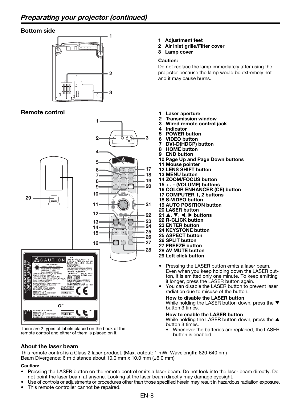 Preparating your projector (continued), En-8, Bottom side | Remote control, About the laser beam | MITSUBISHI ELECTRIC Mitsubishi LCD Projector FL7000U User Manual | Page 8 / 48