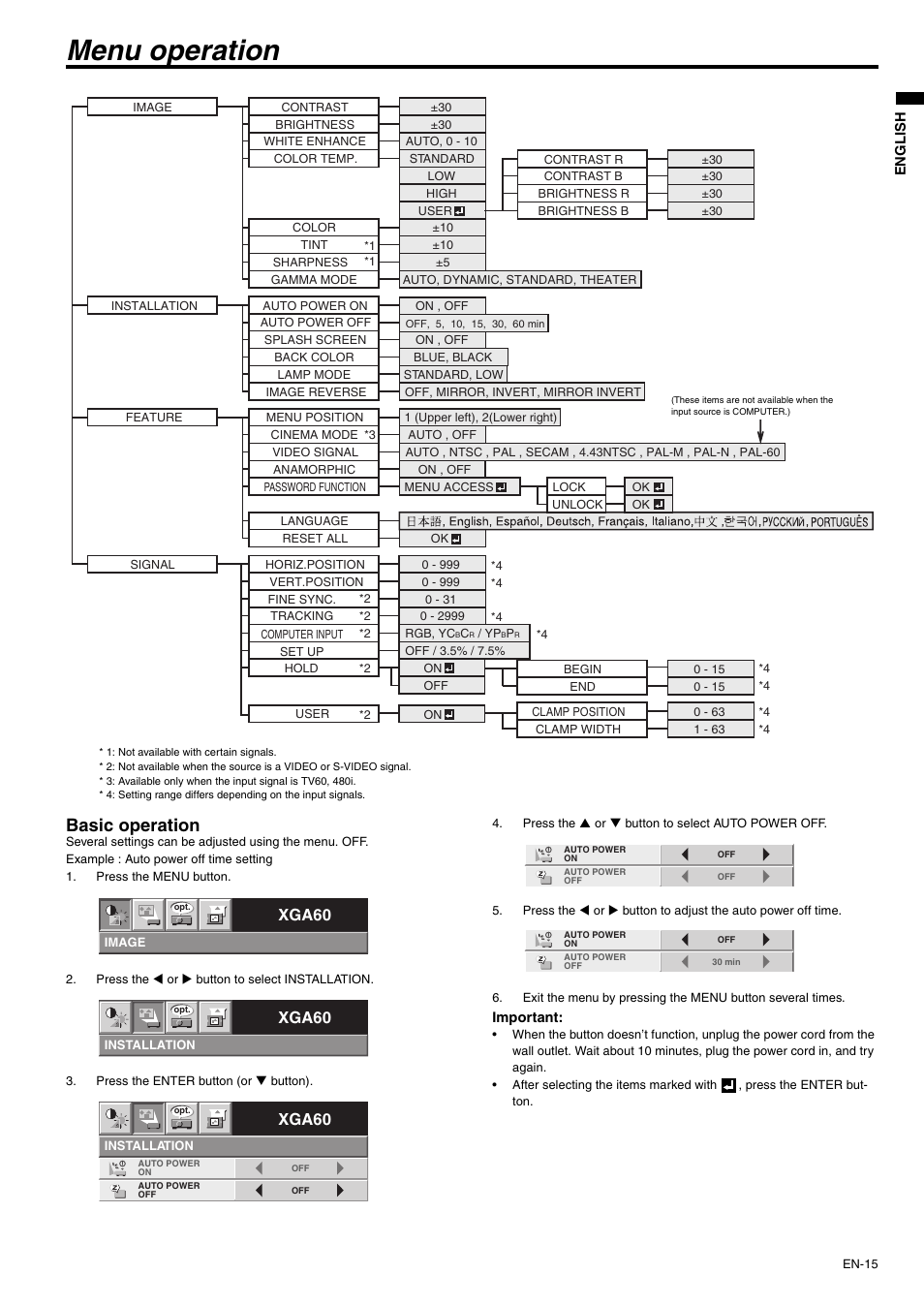 Menu operation, Basic operation, Xga60 | MITSUBISHI ELECTRIC XD430U User Manual | Page 15 / 30