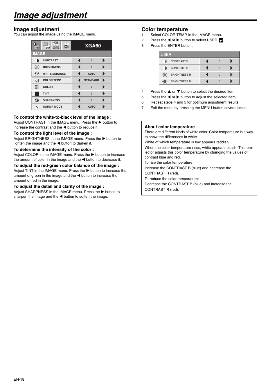 Image adjustment, Color temperature, Xga60 | MITSUBISHI ELECTRIC XD430U User Manual | Page 18 / 30