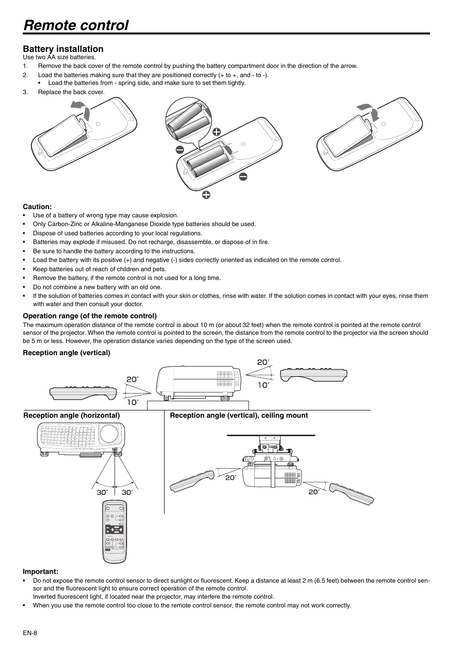 Remote control, Battery installation | MITSUBISHI ELECTRIC XD430U User Manual | Page 8 / 30