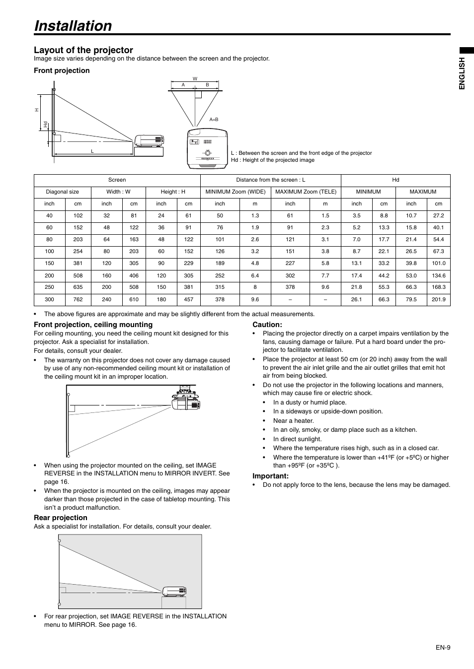 Installation, Layout of the projector | MITSUBISHI ELECTRIC XD430U User Manual | Page 9 / 30