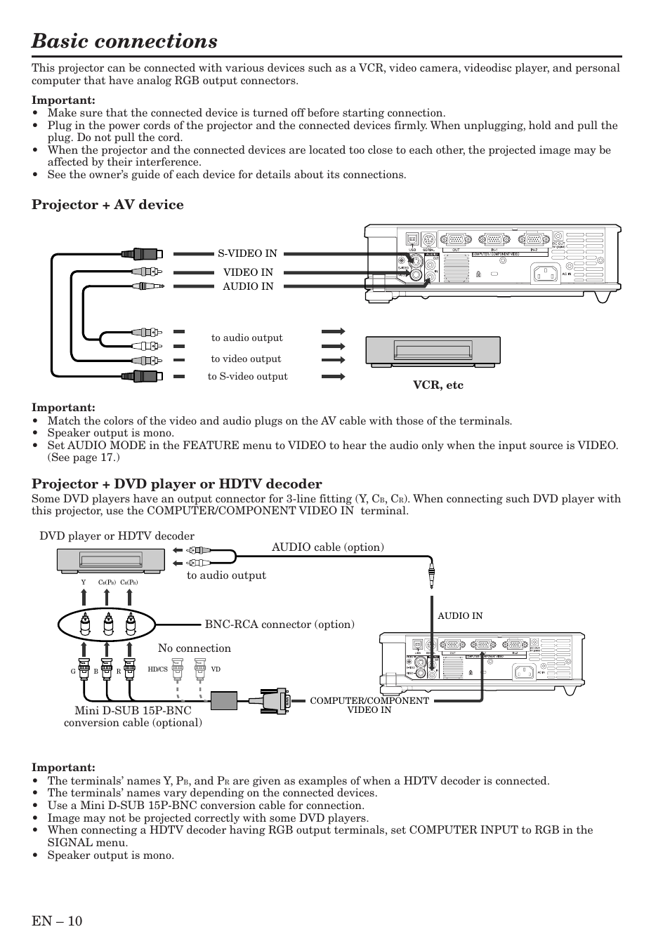 Basic connections, En – 10, Projector + av device | Projector + dvd player or hdtv decoder | MITSUBISHI ELECTRIC XL9U User Manual | Page 10 / 32