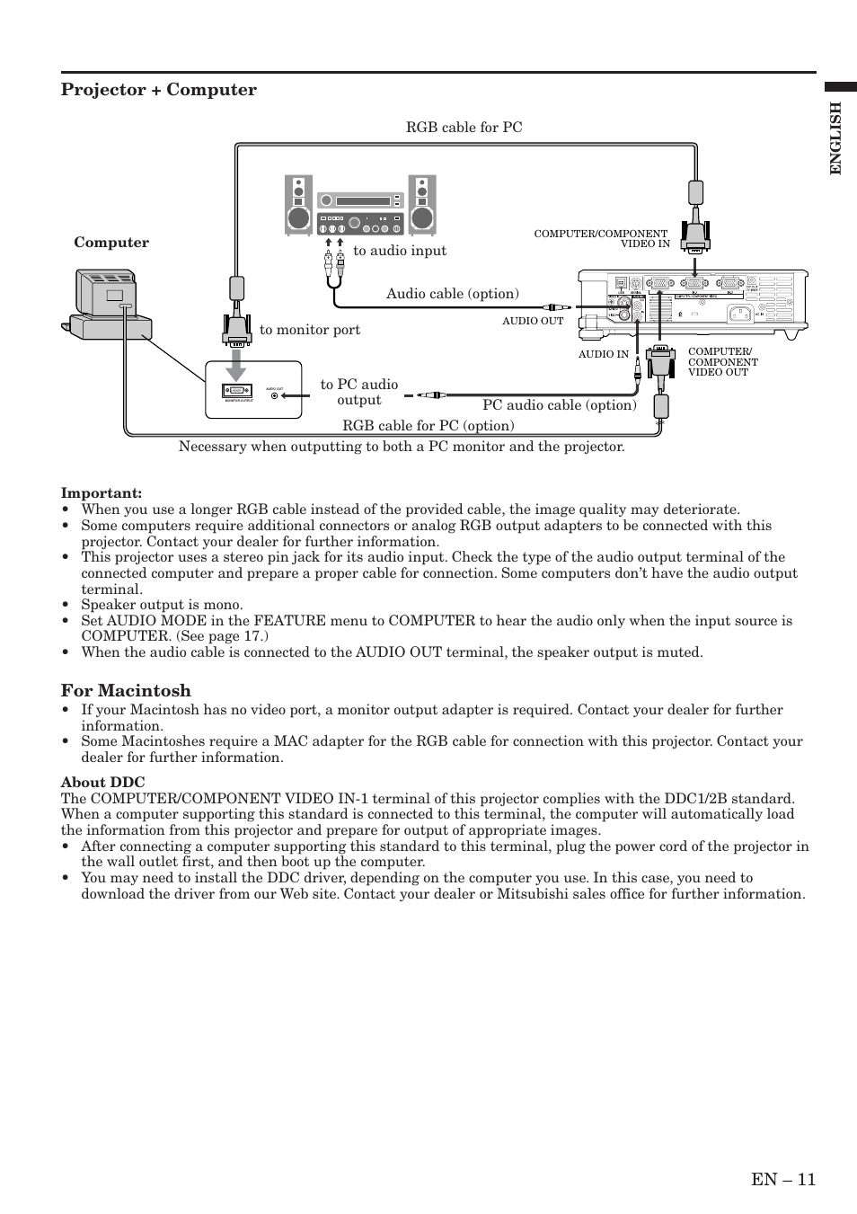 En – 11, Projector + computer, For macintosh | MITSUBISHI ELECTRIC XL9U User Manual | Page 11 / 32