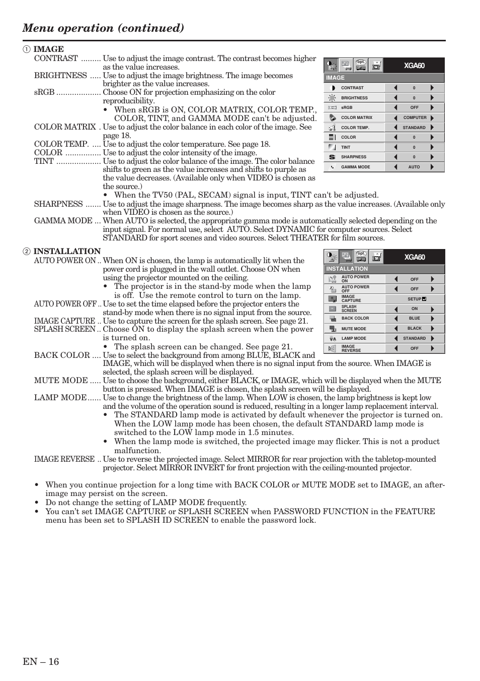 Menu operation (continued), En – 16 | MITSUBISHI ELECTRIC XL9U User Manual | Page 16 / 32