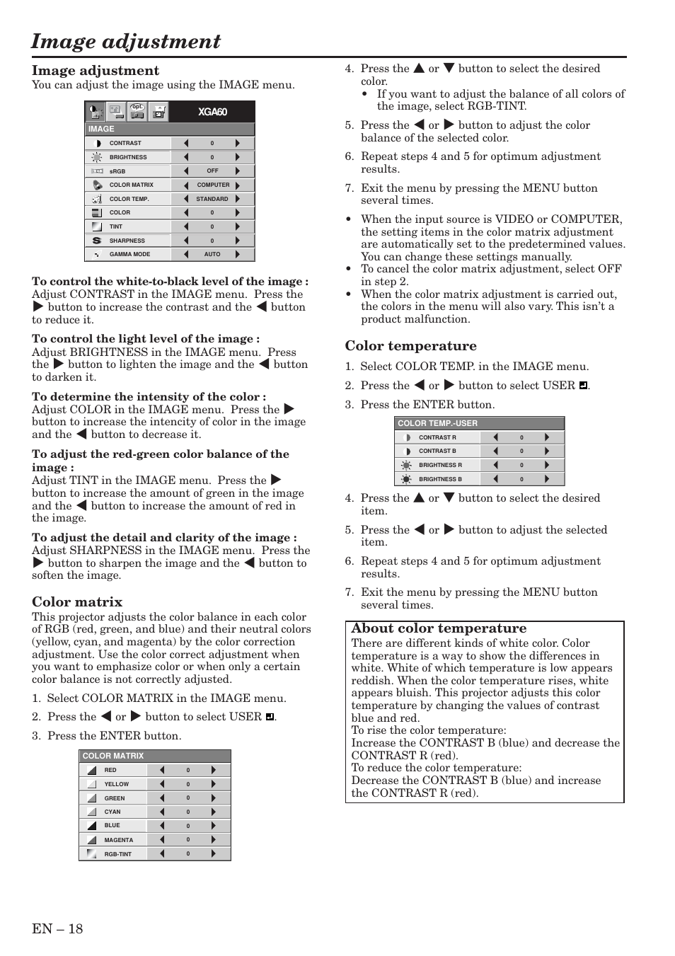 Image adjustment, En – 18, Color temperature | About color temperature, Color matrix | MITSUBISHI ELECTRIC XL9U User Manual | Page 18 / 32