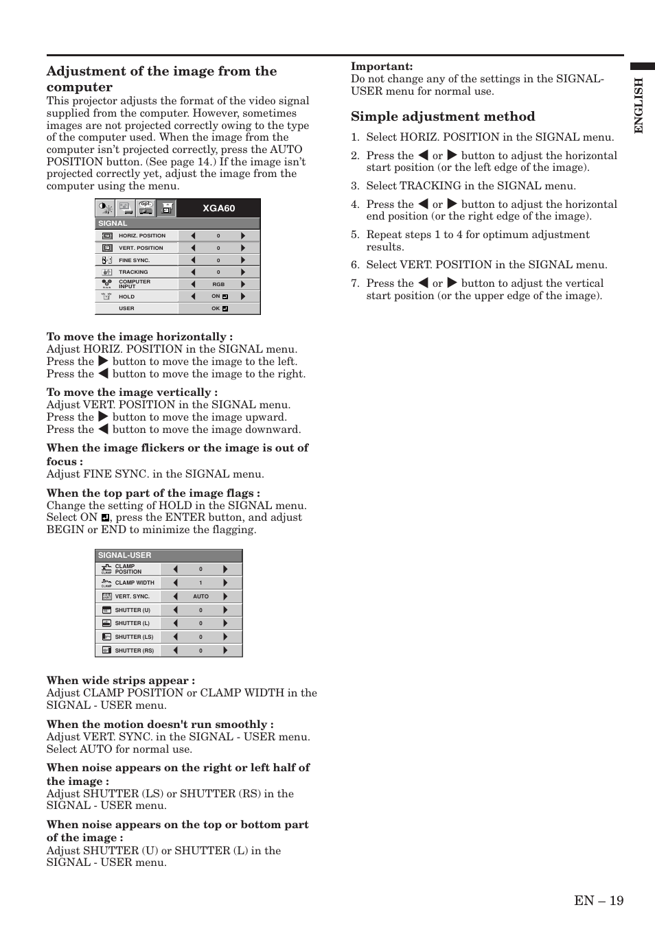 En – 19, Adjustment of the image from the computer, Simple adjustment method | English | MITSUBISHI ELECTRIC XL9U User Manual | Page 19 / 32