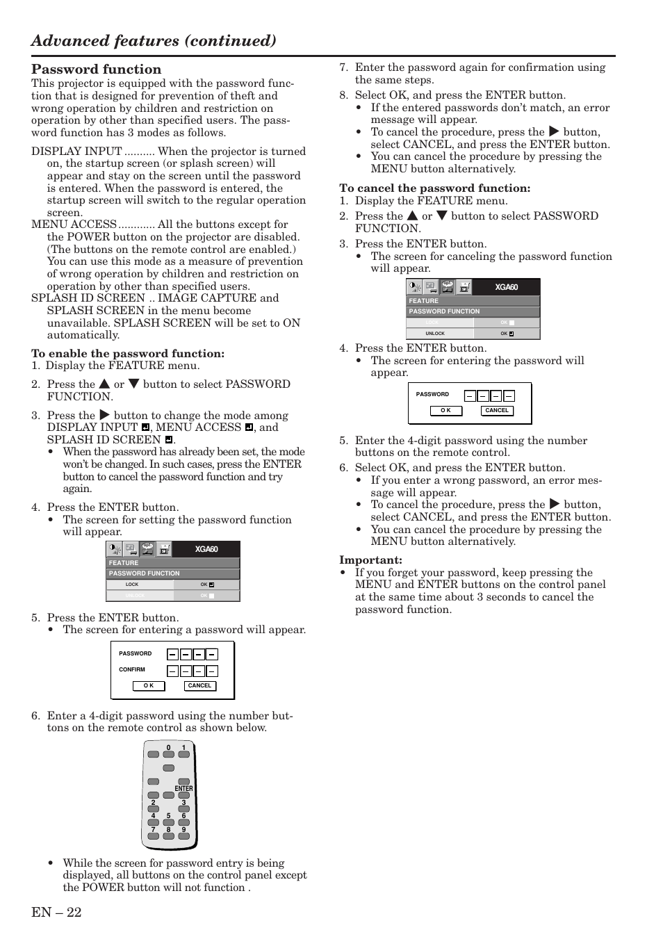 Advanced features (continued), En – 22, Password function | MITSUBISHI ELECTRIC XL9U User Manual | Page 22 / 32