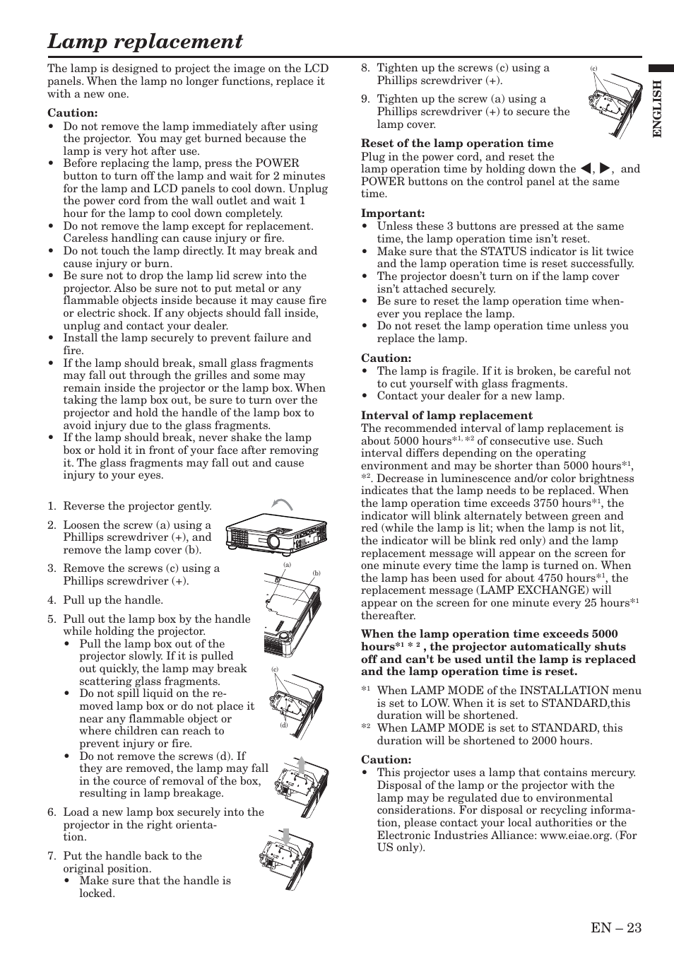 Lamp replacement, En – 23 | MITSUBISHI ELECTRIC XL9U User Manual | Page 23 / 32