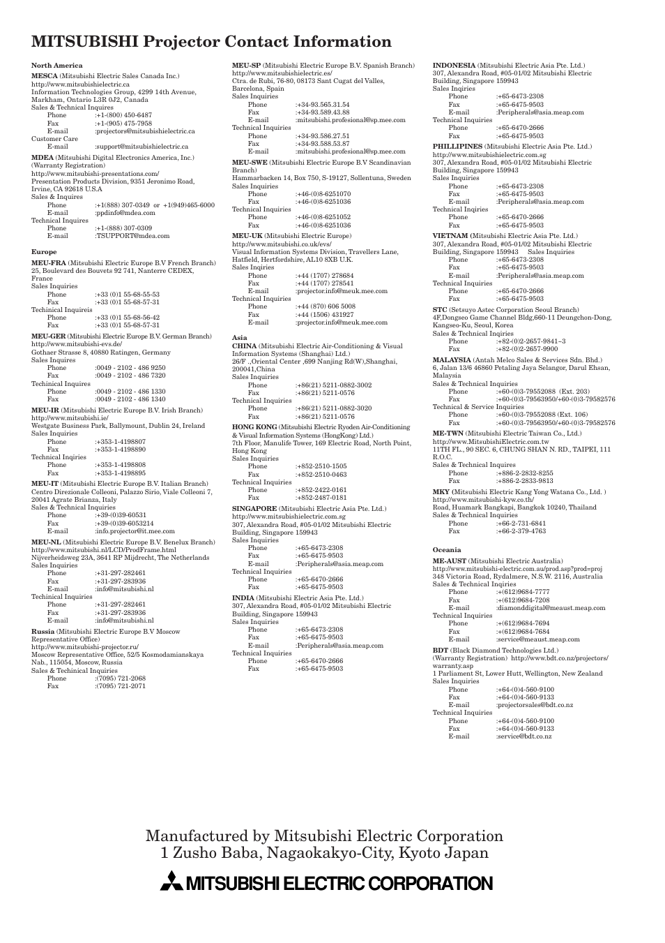 Mitsubishi electric corporation, Mitsubishi projector contact information | MITSUBISHI ELECTRIC XL9U User Manual | Page 32 / 32