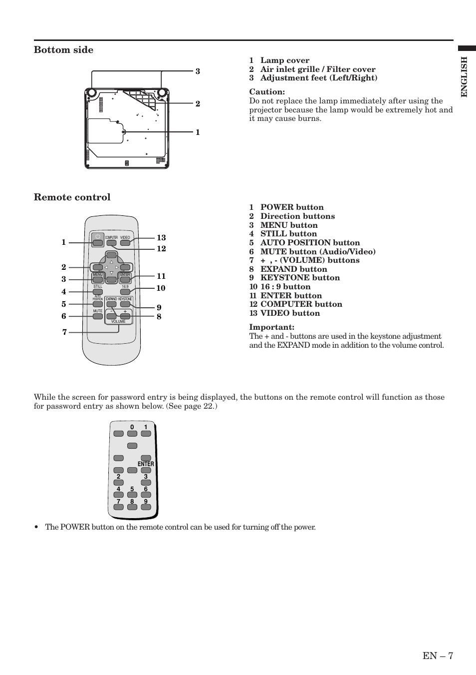 En – 7, Bottom side, Remote control | MITSUBISHI ELECTRIC XL9U User Manual | Page 7 / 32