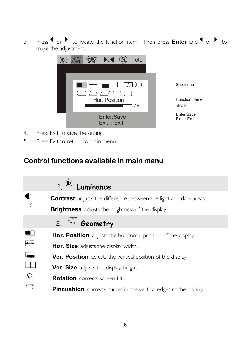 Control functions available in main menu, Luminance, Geometry | MITSUBISHI ELECTRIC 1770G User Manual | Page 16 / 22