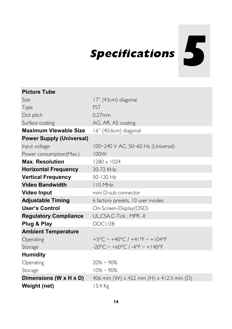 Specifications | MITSUBISHI ELECTRIC 1770G User Manual | Page 22 / 22