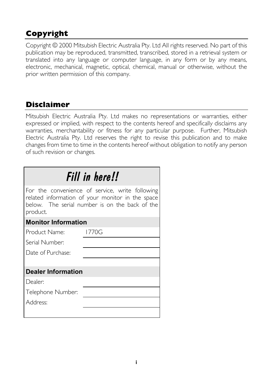 Fill in here | MITSUBISHI ELECTRIC 1770G User Manual | Page 5 / 22
