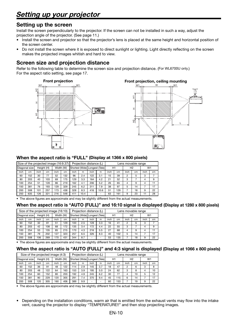 Setting up your projector, Setting up the screen, Screen size and projection distance | En-10, When the aspect ratio is “full, For the aspect ratio setting, see page 17, For wl6700u only | MITSUBISHI ELECTRIC WL6700U User Manual | Page 10 / 49