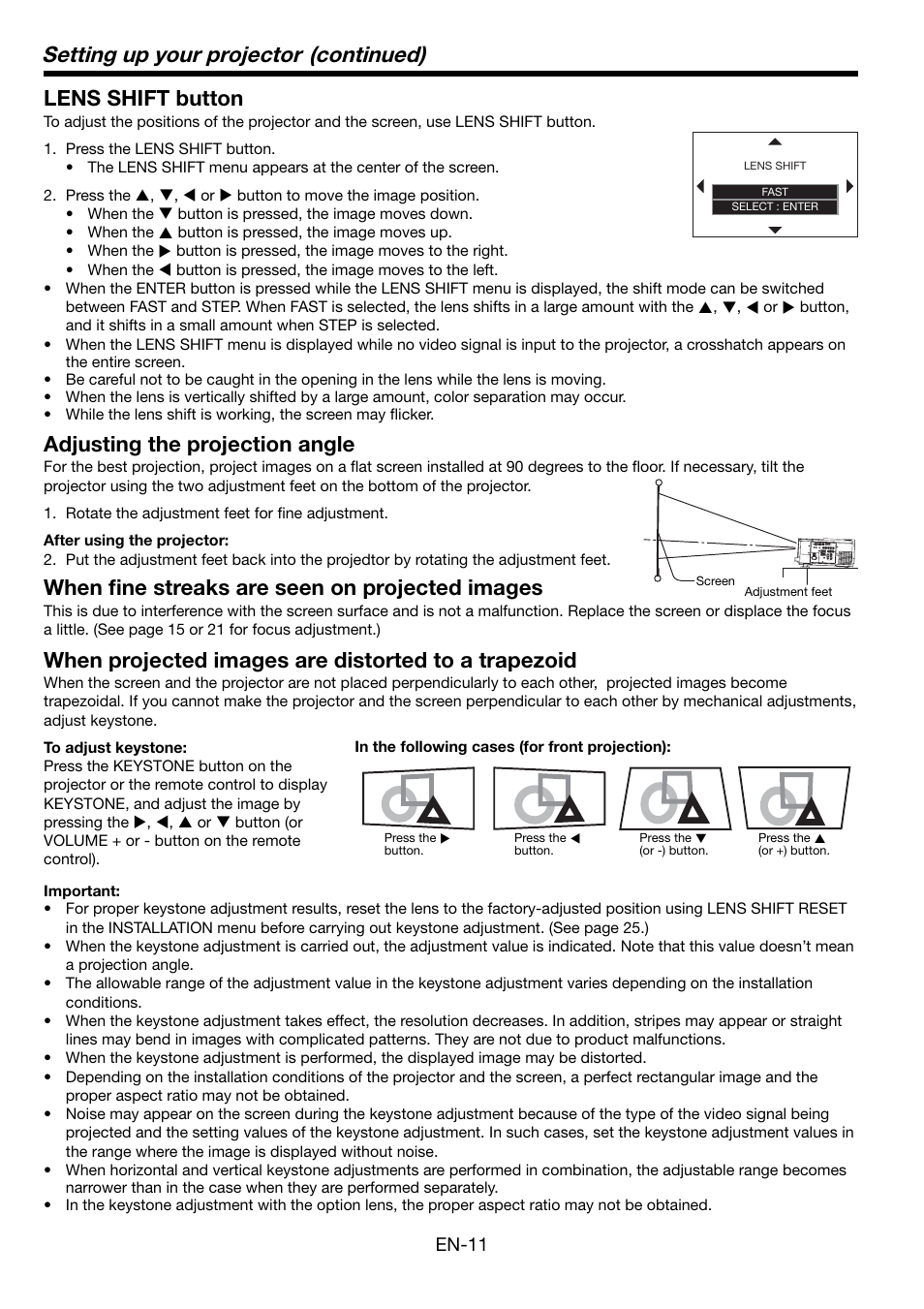 Setting up your projector (continued), Lens shift button, Adjusting the projection angle | When fi ne streaks are seen on projected images, When projected images are distorted to a trapezoid, En-11 | MITSUBISHI ELECTRIC WL6700U User Manual | Page 11 / 49