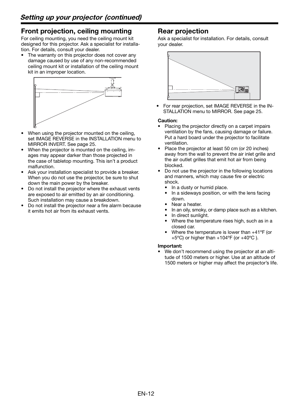 Setting up your projector (continued), Front projection, ceiling mounting, Rear projection | MITSUBISHI ELECTRIC WL6700U User Manual | Page 12 / 49