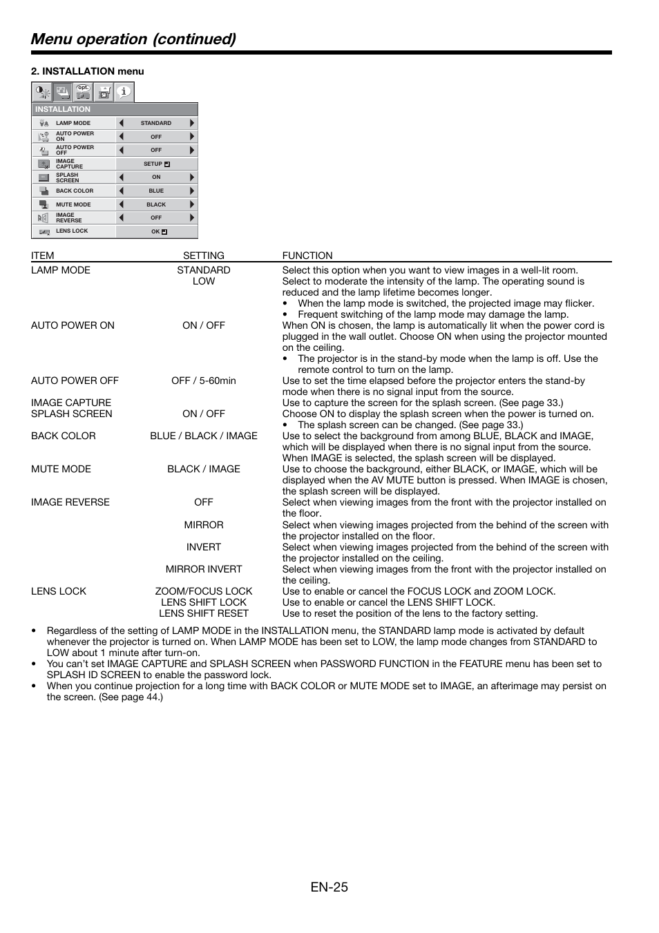 Menu operation (continued), En-25 | MITSUBISHI ELECTRIC WL6700U User Manual | Page 25 / 49