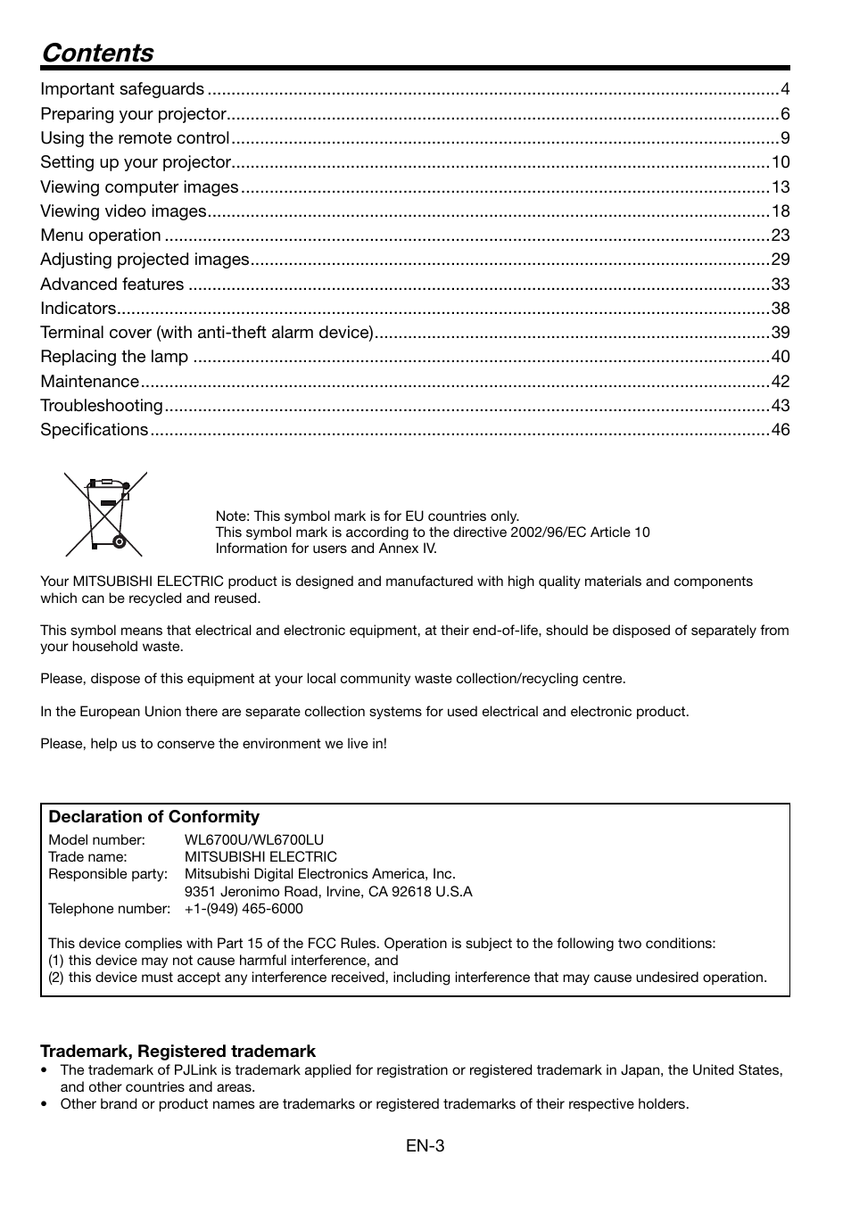 MITSUBISHI ELECTRIC WL6700U User Manual | Page 3 / 49