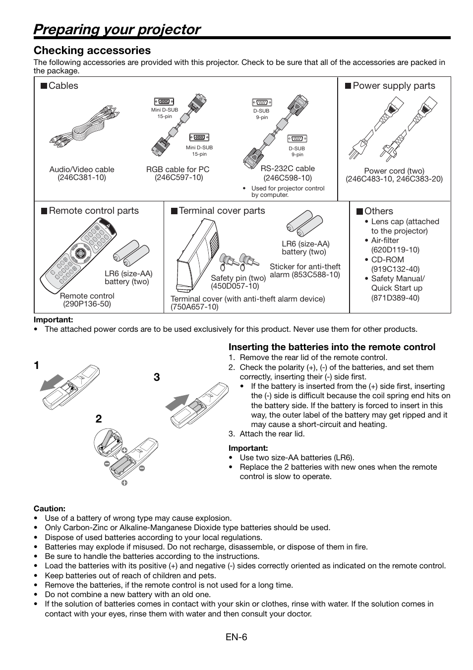 Preparing your projector, 12 3 checking accessories | MITSUBISHI ELECTRIC WL6700U User Manual | Page 6 / 49
