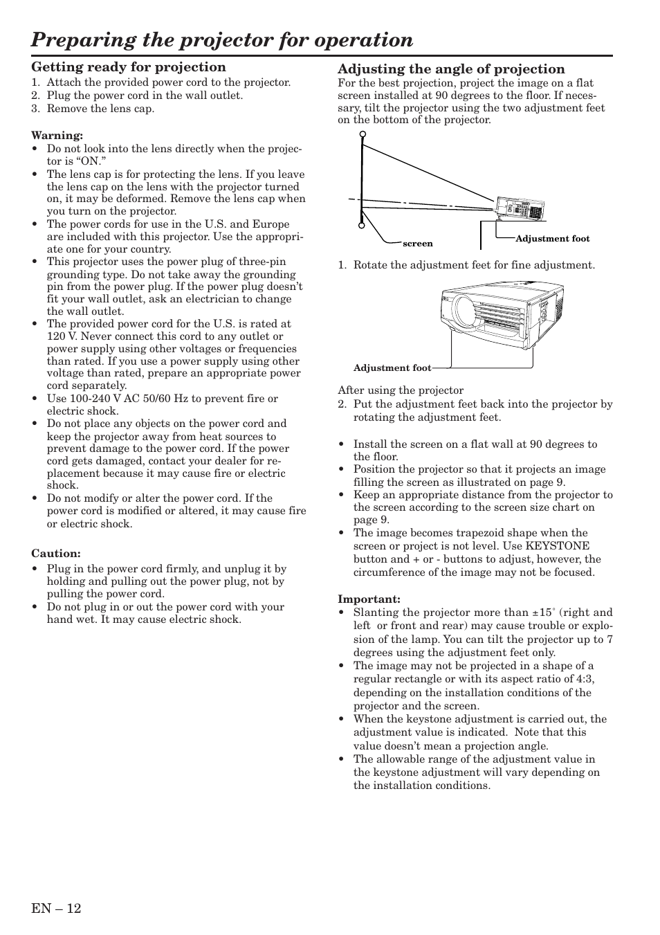 Preparing the projector for operation | MITSUBISHI ELECTRIC XL5980LU User Manual | Page 12 / 32