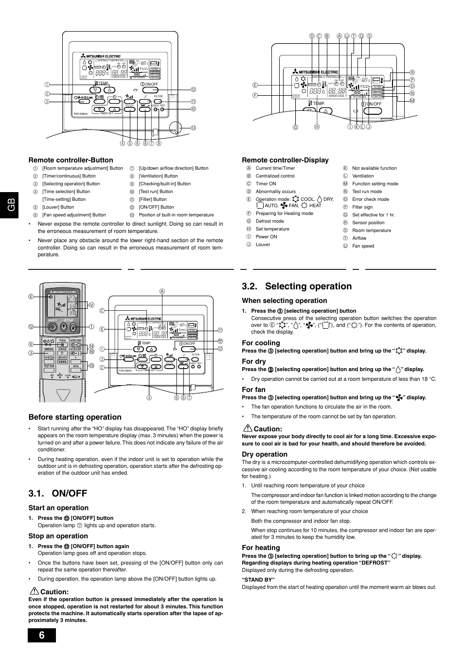 Gb d f sw i nl e p, On/off, Selecting operation | Before starting operation, Start an operation, Stop an operation, Caution, When selecting operation, For cooling, For dry | MITSUBISHI ELECTRIC PEH-P10 User Manual | Page 6 / 12