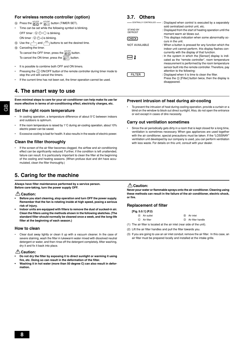 The smart way to use 5. caring for the machine, Gb d f sw i nl e p, Others | Set the right room temperature, Clean the filter thoroughly, How to clean, Prevent intrusion of heat during air-cooling, Carry out ventilation sometimes, Replacement of filter, For wireless remote controller (option) | MITSUBISHI ELECTRIC PEH-P10 User Manual | Page 8 / 12